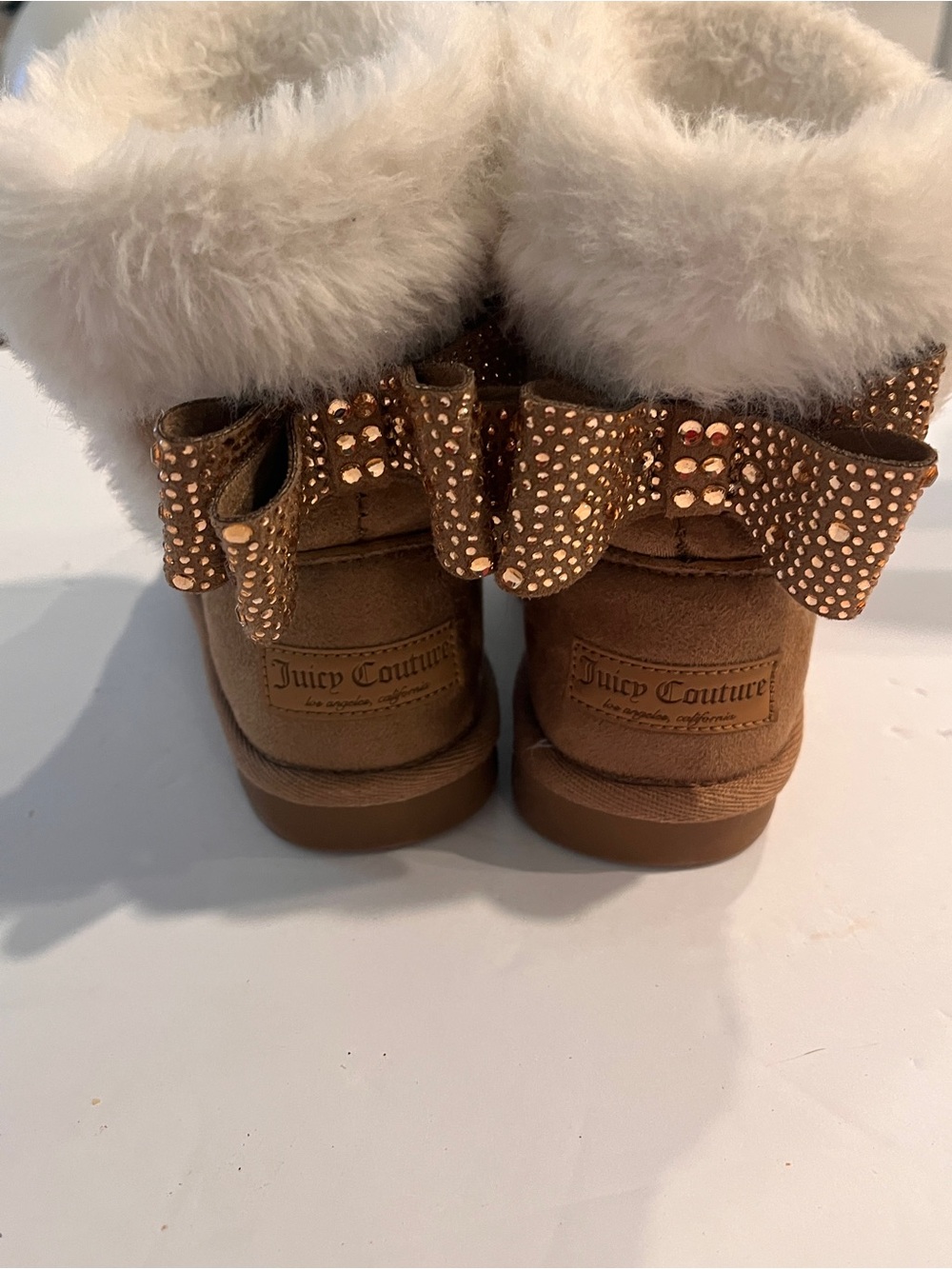 Juicy Couture Tan Brown Faux Fur Cuff Boots with Studded Bow for Young Girls